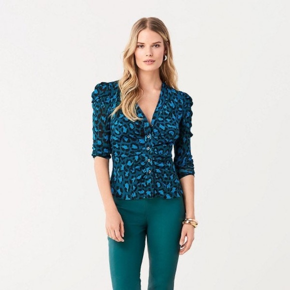 Diane von Furstenberg Gladys Mesh Top Blue Leopard Print Women's Top - Picture 1 of 7